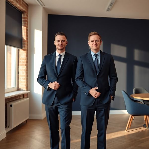 Dwóch doradców w granatowych garniturach w jasnym warszawskim biurze