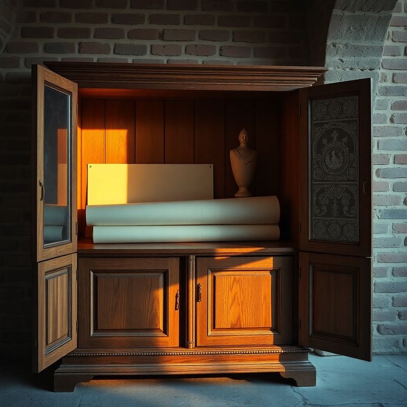 Zabytkowa szafa z dokumentami architektonicznymi w ciepłym świetle